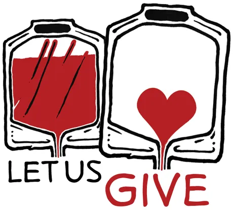 Let Us Give — two blood bags, one full, one drawn as a heart
